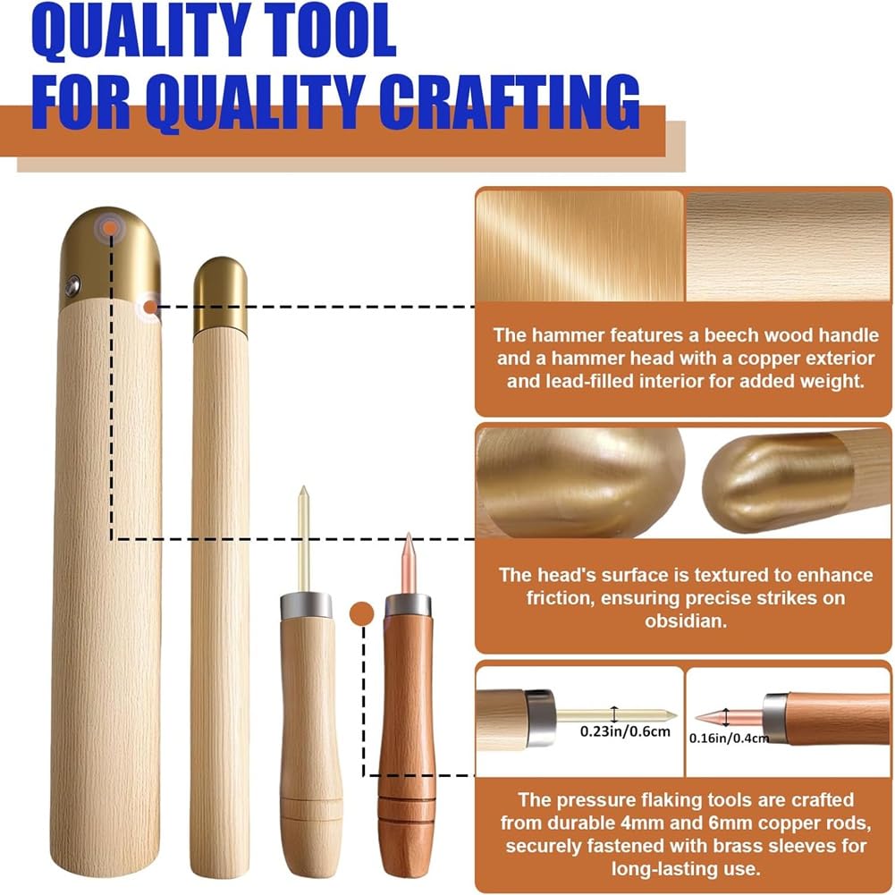 Kit per scheggiatura con Martello di Rame, Set Completo di Strumenti per la Lavorazione dell'ossidiana per Principianti, Strumenti per la molatura all'aperto