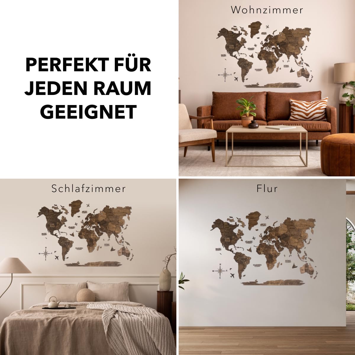 Enjoy The Wood - 3D Weltkarte Holz zur Wand Deko Wohnzimmer - Geschenkidee für Wanderer - Wandkunst zum Pinnen für Reiseziele - Wanddeko für Zuhause und Küche oder Büro (Dark Walnut, S)