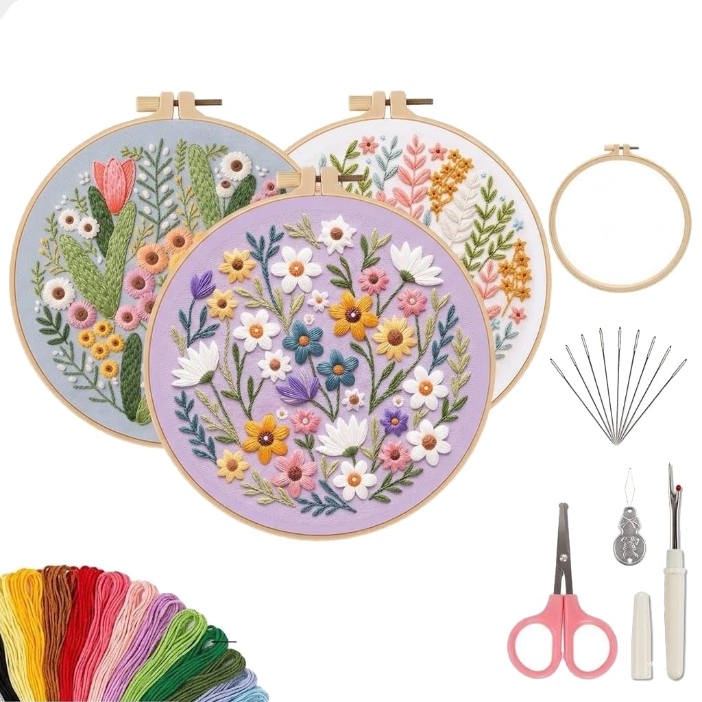 3 Sets Embroidery Kit for Beginners & Adults - Complete Cross Stitch Starter Kit with 3 Floral Patterns, 29cm Stamped Fabrics, 20cm Hoop, 9 Professional Needles, Scissors & Video Instruction