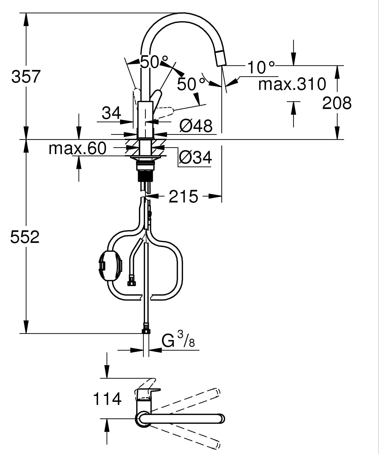 GROHE Start Curve 305620000 - Rubinetto da cucina con beccuccio alto rimovibile, forma C, girevole a 360°, installazione QuickFix, limitatore di flusso ecologico, cromato