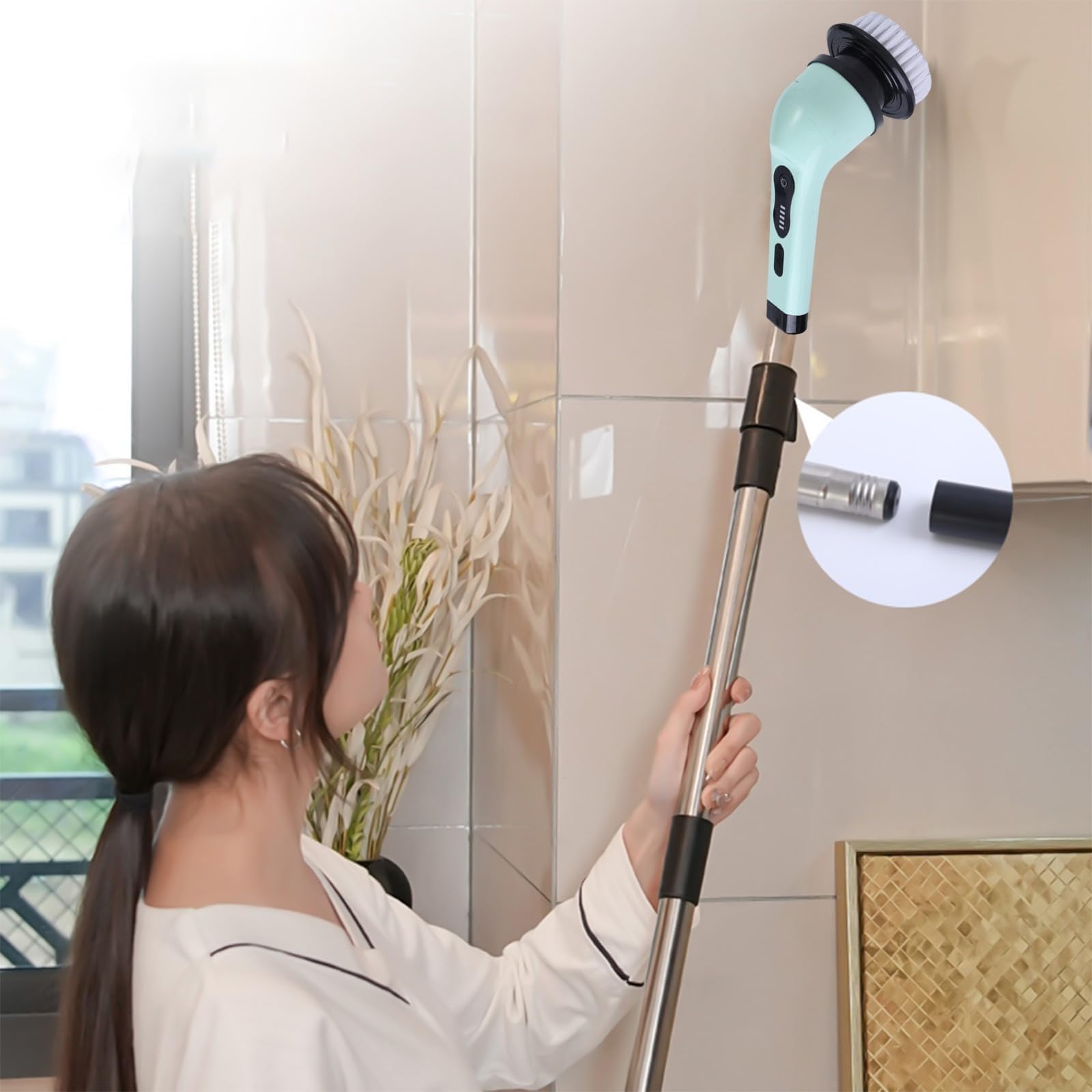Fregadora Giratoria Eléctrica, Limpiador De Ducha Inalámbrico Con 5 Cabezales De Cepillo Reemplazables, 2 Mangos De Extensión Desmontables, Cepillo De Limpieza De Baño Eléctrico De Mano For Baldosas D