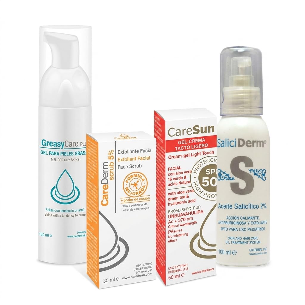 Zestaw przeciw trądzikowi | Greasycare, Saliciderm 2%, Scrub 5%, Caresun Gel Light Touch | Kompletne dla wrażliwej i niedoskonałej skóry | Antyoksydacyjny ochraniacz nawilżający | Odnowiający peeling