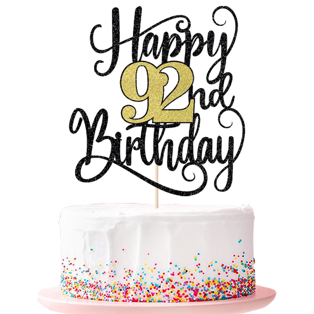 happy 92th birthday cake topperοΌ 92 birthday party cake decorations (Black and gold flashes, 92nd)