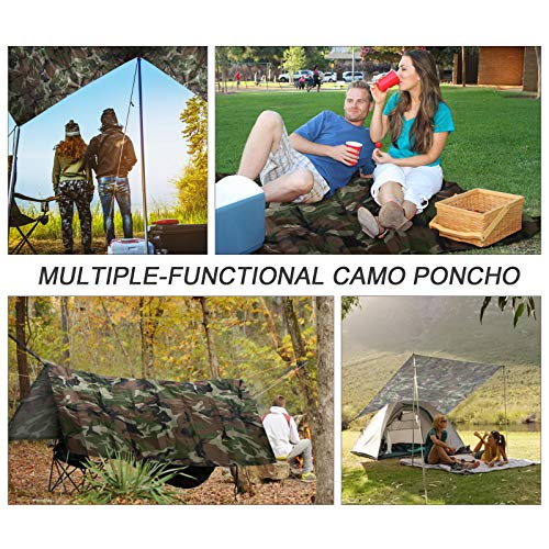 Fousam Camo Poncho, Waterproof Ripstop Hooded Raincoat Lightweight Packable Rain Cover for Hunting Camping Backpacking Emergency Tent Shelter Us Woodland