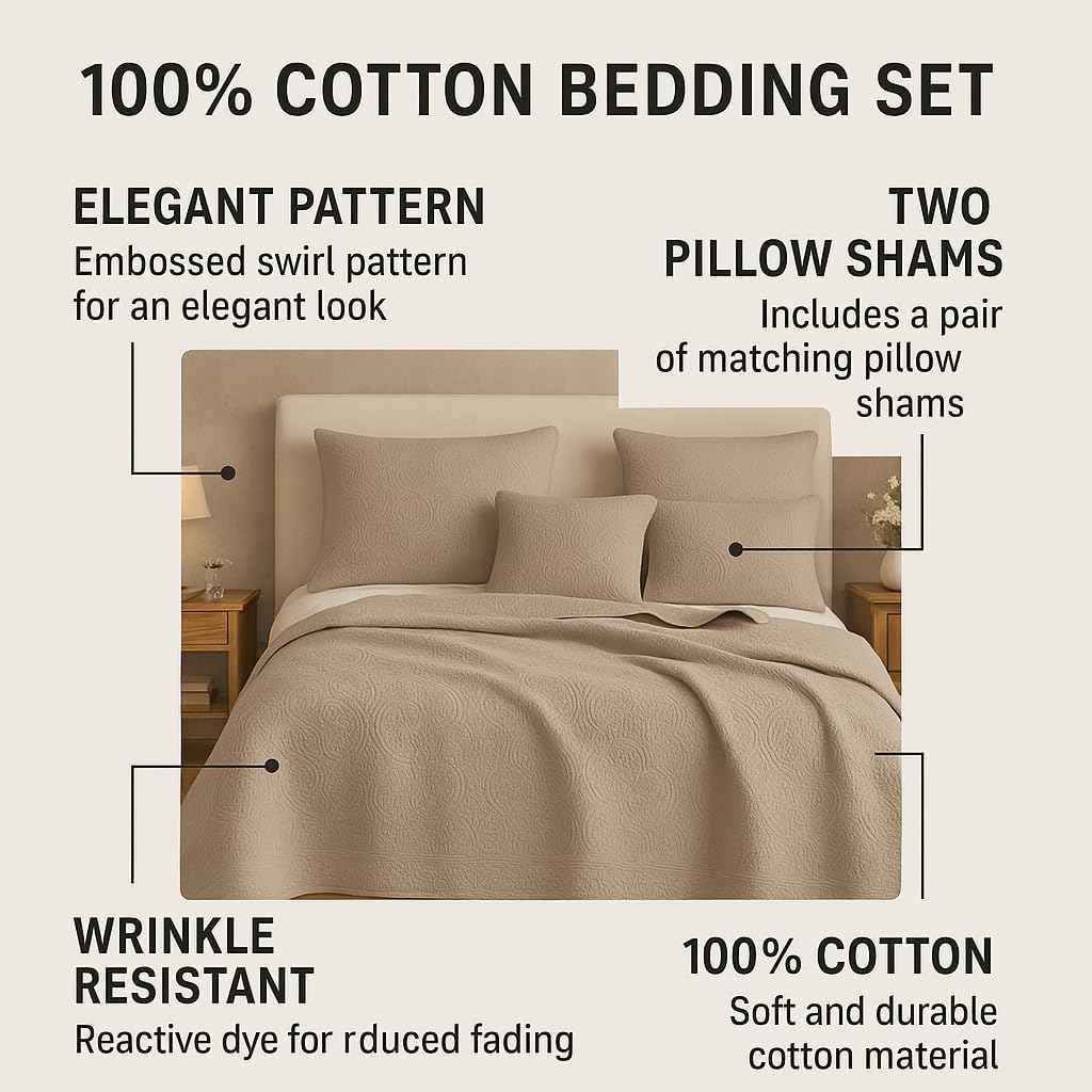 DaDa Bedding Elegant Matelasse Bedspread Set - 100% Cotton Fabric Floral Sand Dollar Quilted Coverlet - Lightweight Breathable Textured Neutral Tan Beige Taupe Brown - Queen - 3-Pieces - Image 3