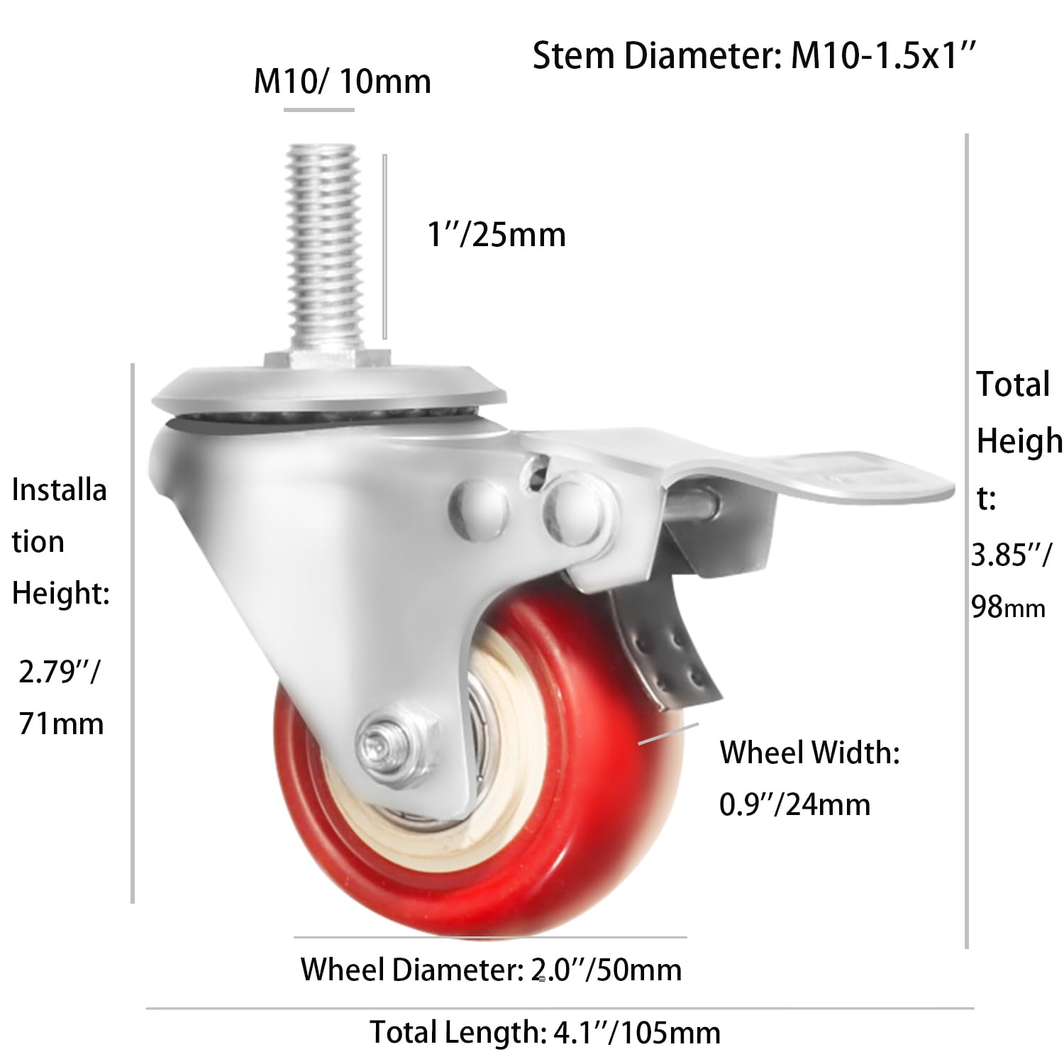 Ruote piroettanti con perno, ruote robuste con doppio bloccaggio e ruote in PU rosse, silenziose e senza segni, con filettatura metrica M10-1.5x25mm, ruote per carichi pesanti, confezione da 4