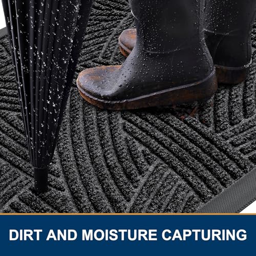 Image of Smiry Front Door Mat Outside Entrance, Heavy Duty Sturdy Natural Rubber Doormat, Trap Dirt and Moisture, Easy Clean Low Profile Mats for Indoor Outdoor Entry, Interwoven Stripes 35x23, Black