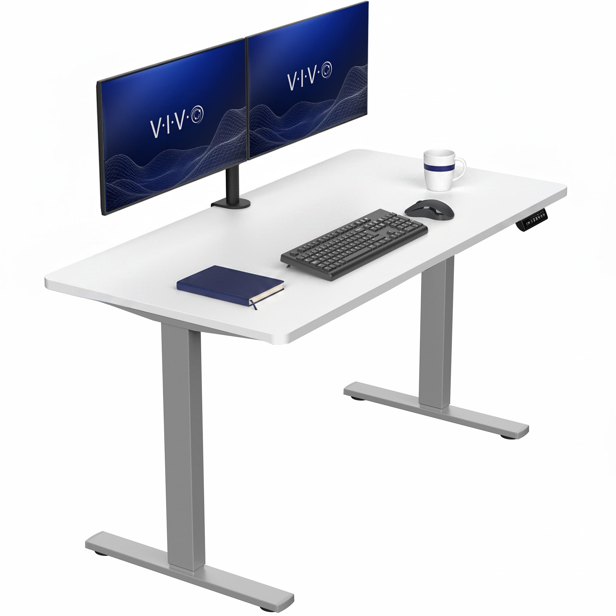 VIVO White 55 x 28 in Standing Desk, DESK-KIT-1G55W | Electric, Holds 220 lbs, Sit Stand, Height Adjustable, Solid One-Piece Table Top, Memory Presets, 1B Series, Gray Frame