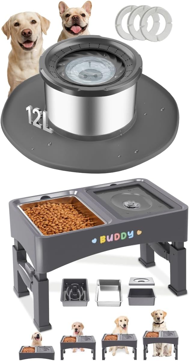 Decflow 2-in-1 Elevated Dog Bowls,12L No Spill Dog Water Bowl for Large Dogs, Stainless Steel Spill Proof Bowls with Suction Cup Anti-Skid Mat, Slow Drinking Feeder for Messy Drinkers,