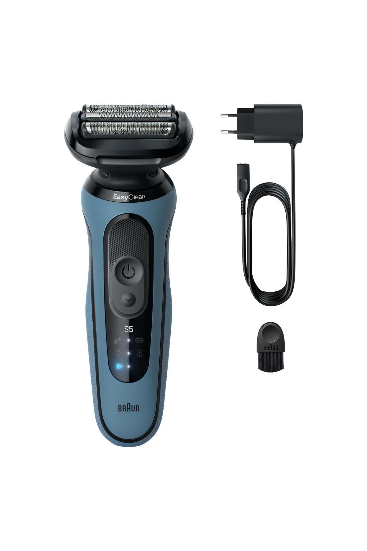 Braun Afeitadora eléctrica para hombre Serie 5, 52-A1000s, azul, afeitadora eléctrica inalámbrica, recortadora de barba con batería de 50 minutos, impermeable, fabricada en Alemania, incluye tapa