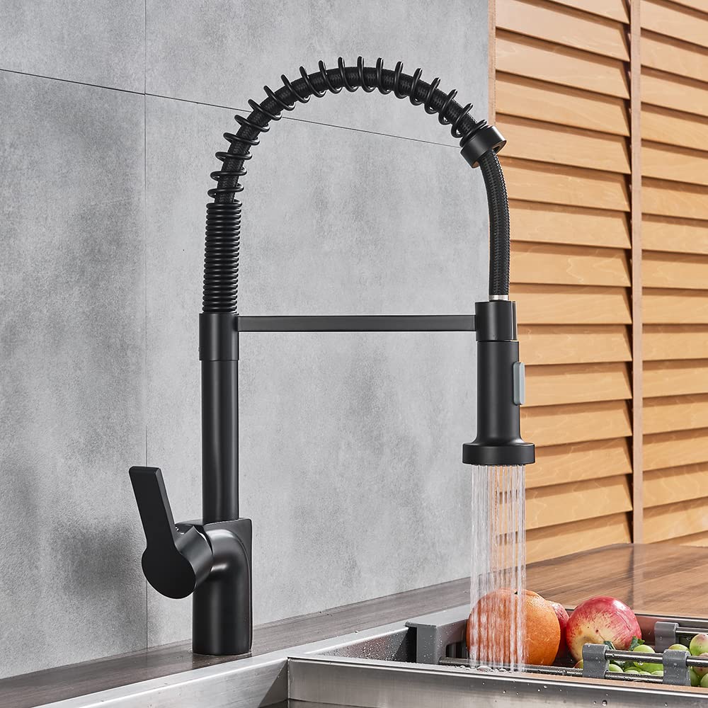 Rubinetto per lavello da Cucina per Bar, Stile Rustico, Commerciale, Nero/Spazzolato, Miscelatore Acqua Calda e Fredda a Montaggio su Piano con Estrazione a Molla, beccuccio a 2 Fu