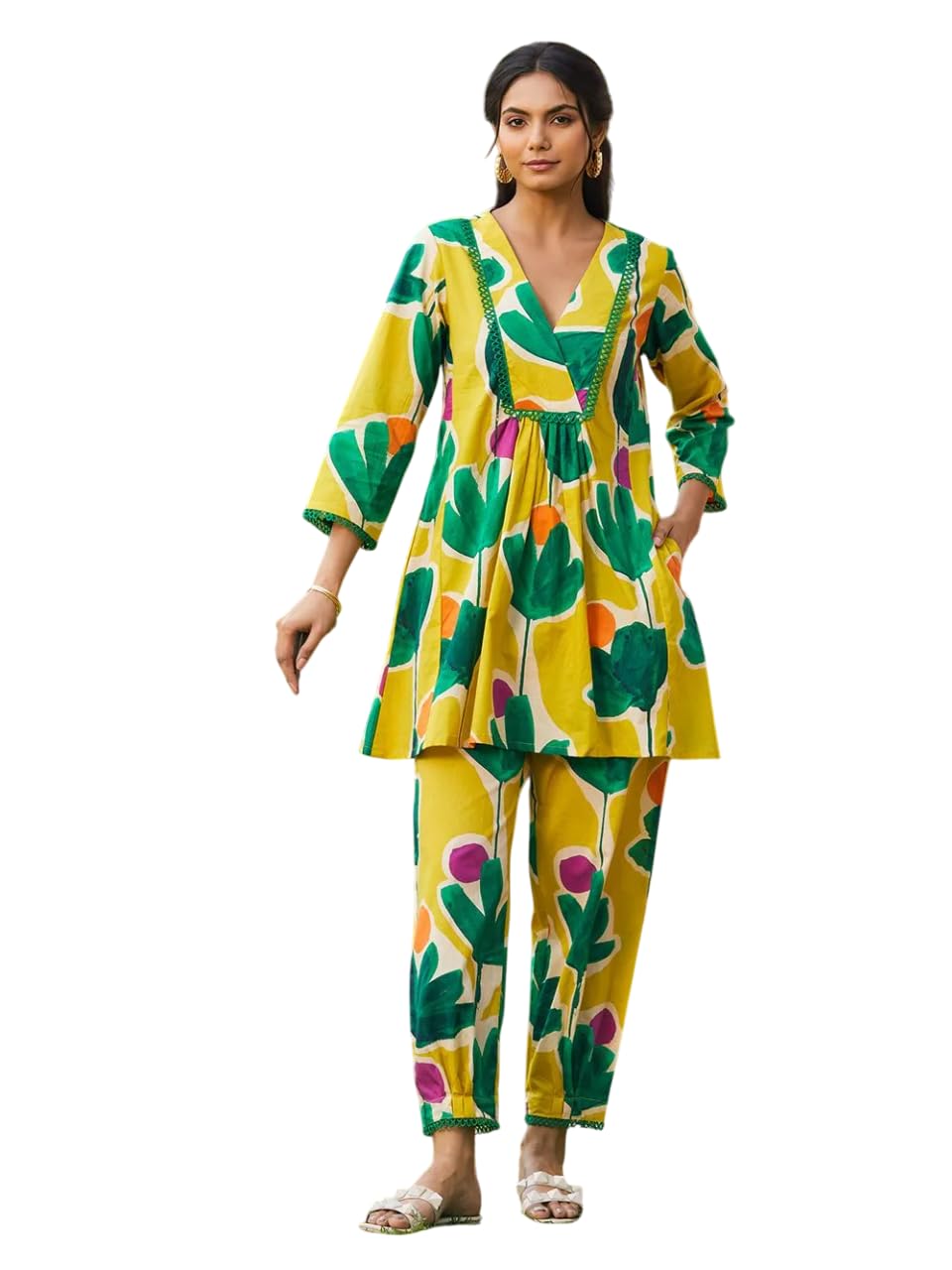 Amazon Brand – Anarva Women’s Pure Cotton Floral Printed Co-Ord Set |Top and Pant Set | Relaxed Fit | Bright Yellow & Green Botanical Design