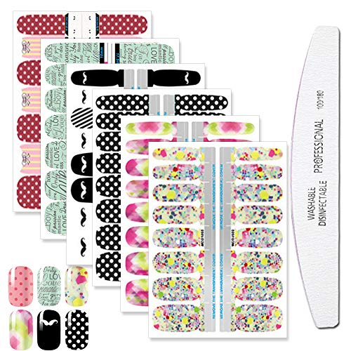 WOKOTO 6 Sheets Nail Art Polish Stickers with 1Pcs Nail File Full Wraps Nail Adhesive Classical Decals Flower Bow Manicure Set for Women