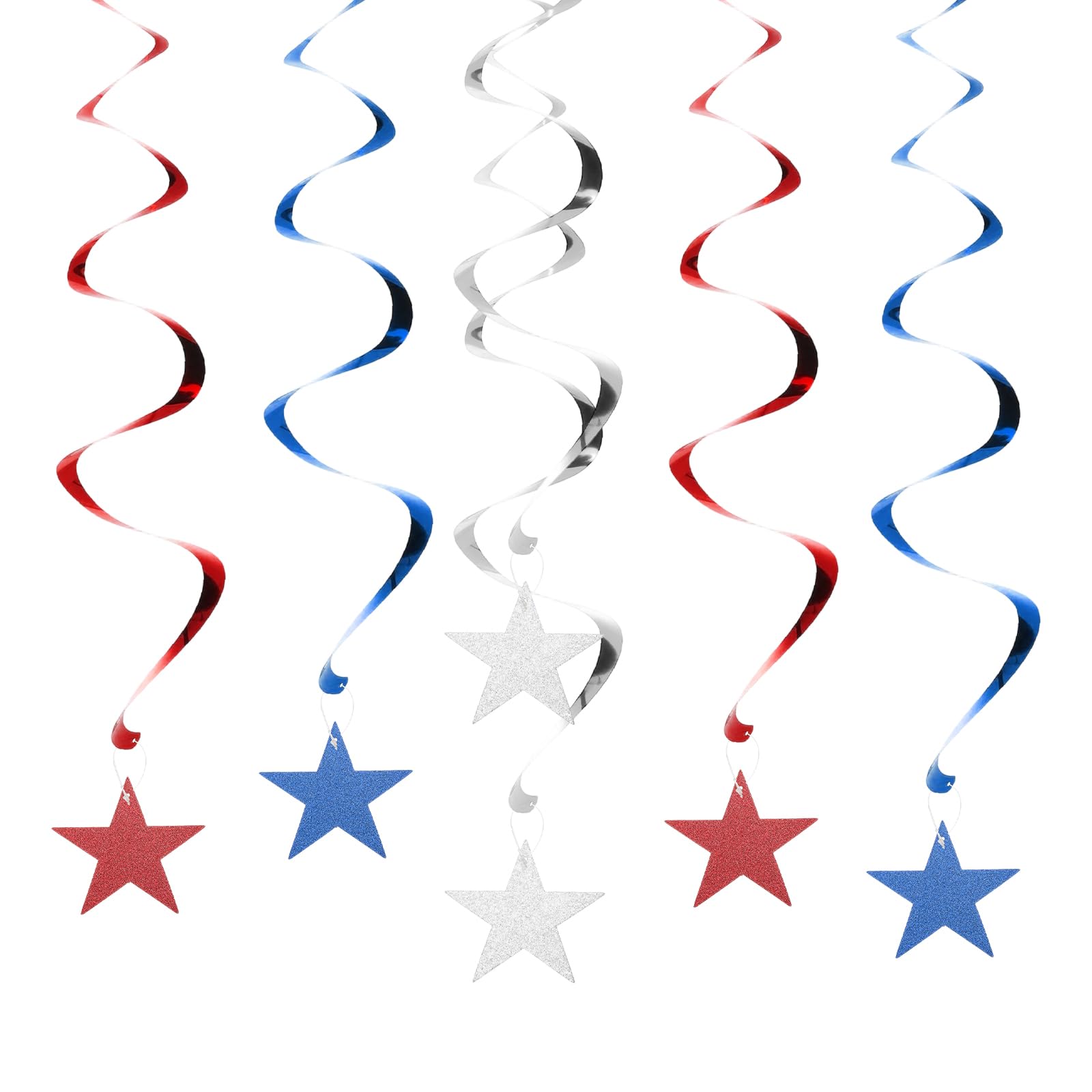 PATIKIL 6pcs Hanging Stars Decorations, 27inch Star Hanging Party Backdrop Decorations Party Supplies Shiny Twinkle Streamers for Wedding Birthday Party Graduation, Red Blue Silver