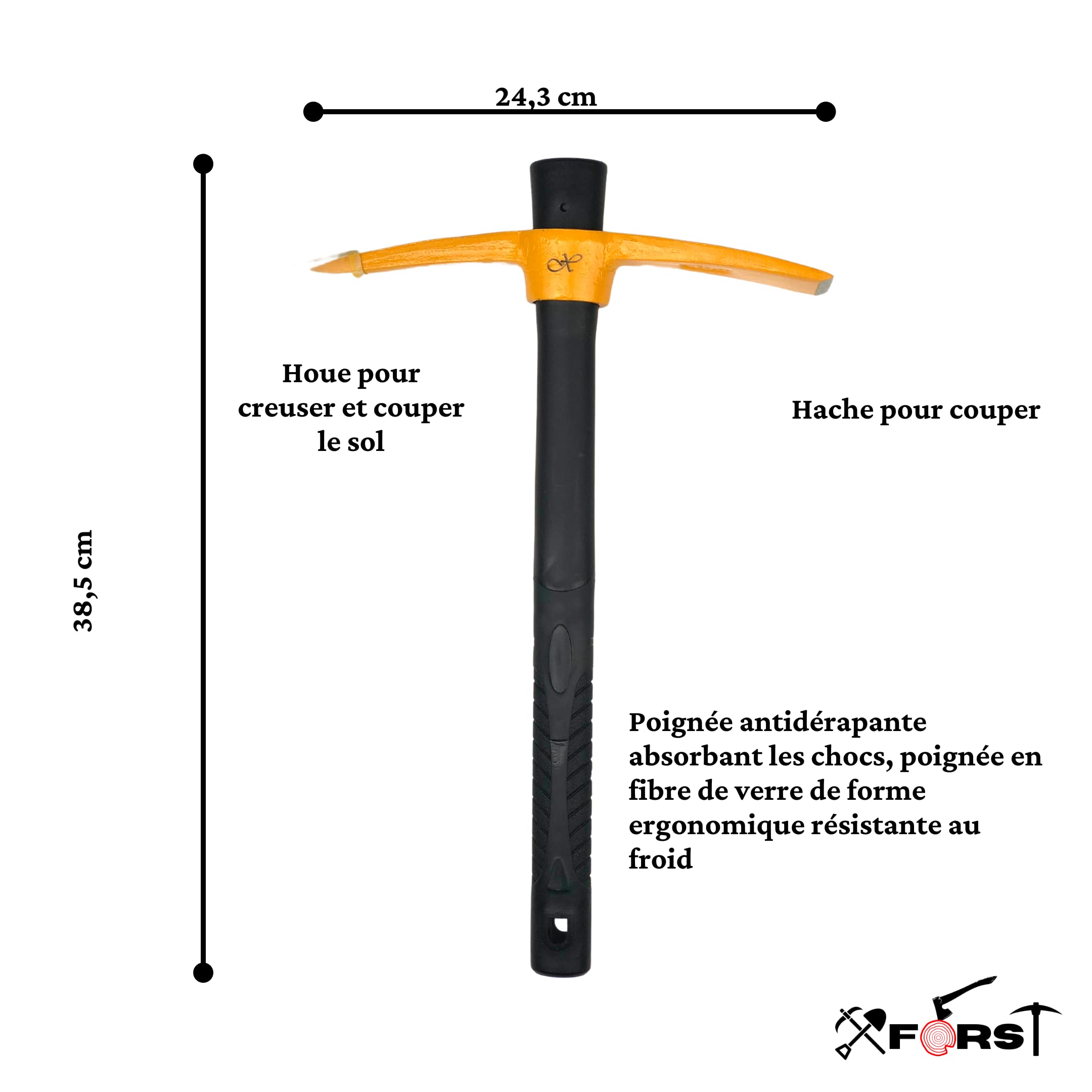 Xforst Piccone da Scavo - Martellina con Manico in Fibra di Vetro Resistente. Piccone Compatto per Giardino, Campeggio o Rilevamento Metalli, con Testa in Acciaio Forgiato. Modello X-PF45.
