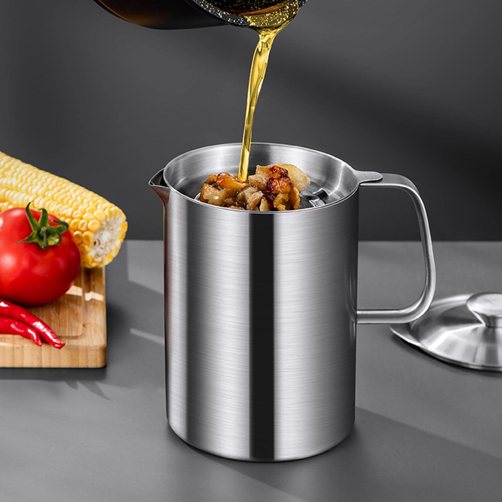 ESNY Home Pojemnik na olej z sitkiem, pojemnik na tłuszcz, 1,2 l/1,5 l, pojemnik do przechowywania oleju ze stali nierdzewnej, z sitkiem o drobnych oczkach, pyłoszczelna pokrywka do przechowywania