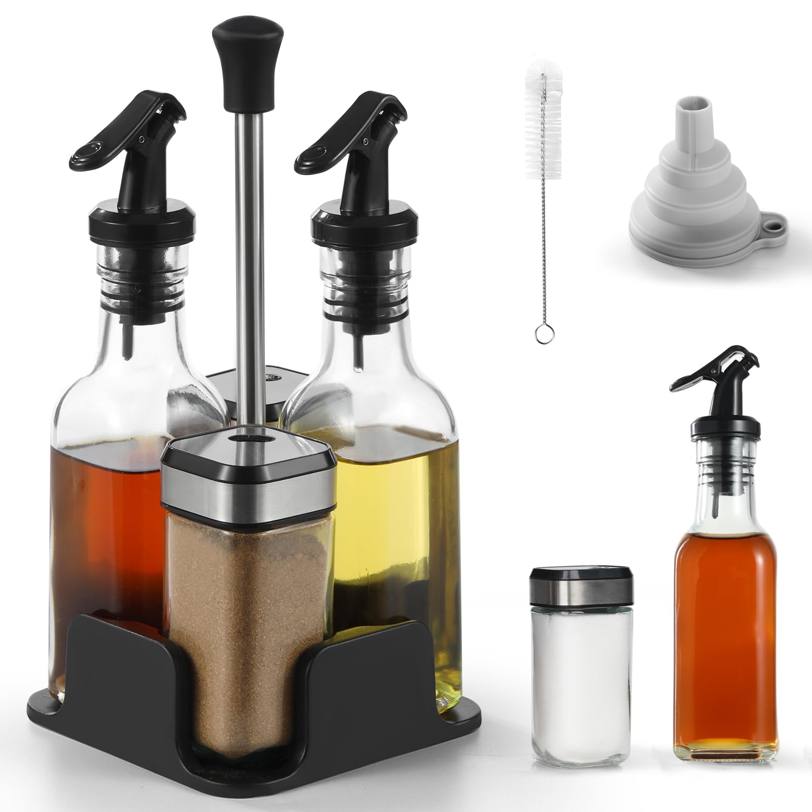 Botella de aceite y vinagre&Pimentero y salero | Botella de aceite y vinagre 200 ml*2, Pimentero y salero 120 ml*2, Con embudo y cepillo de cerdas duras