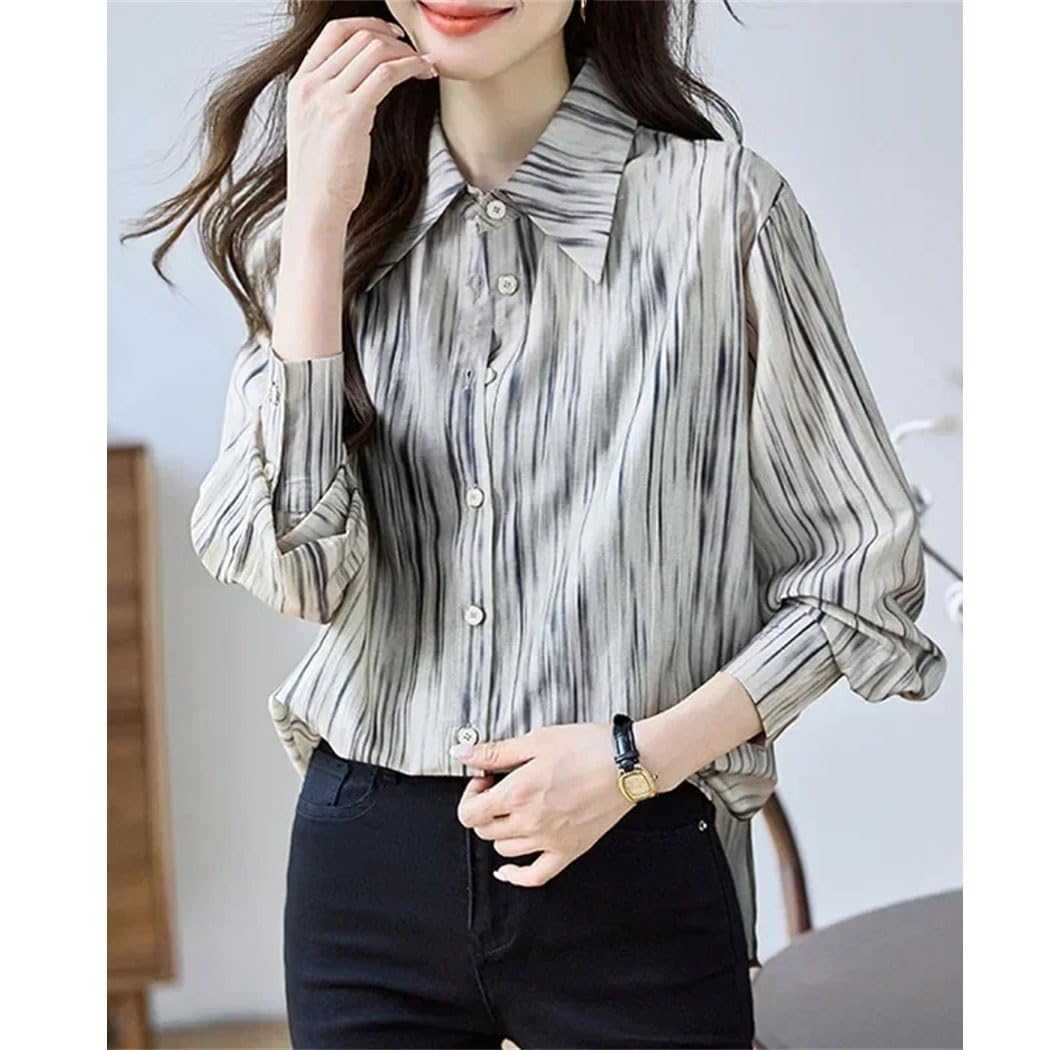 Camisa de gasa de manga larga a rayas con cuello vuelto para mujer, camisa de vestir para oficina