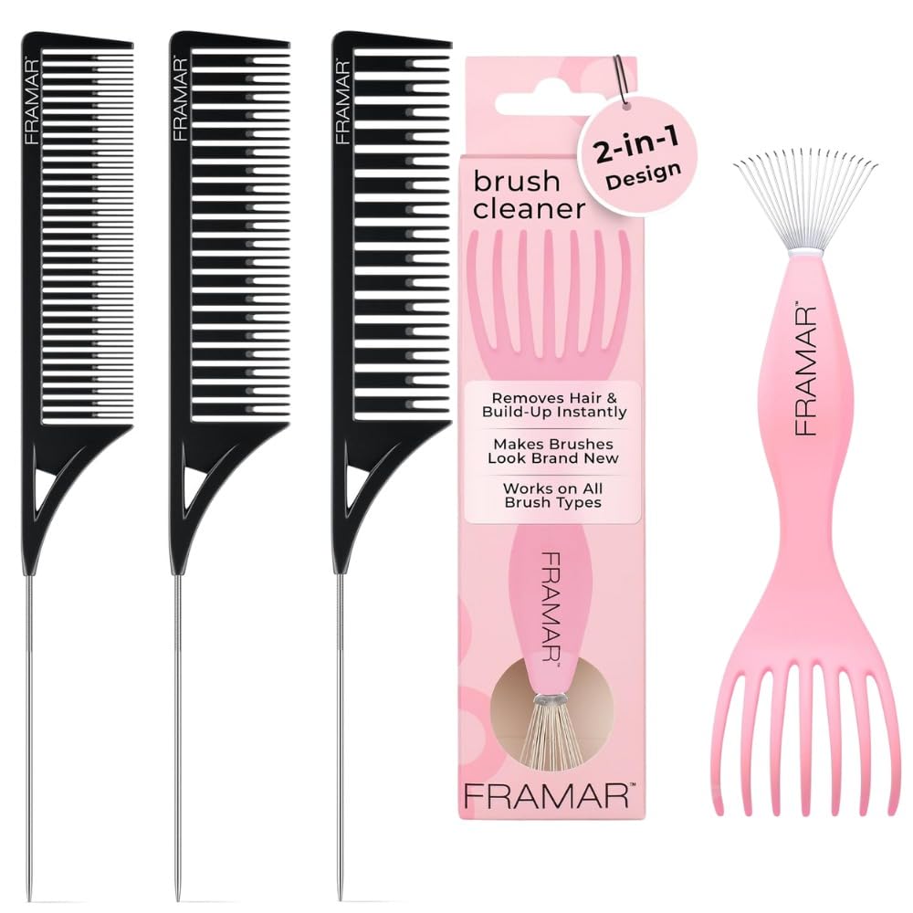 FRAMAR Premium Hair Brush Cleaner Tool – Hairbrush Cleaner Tool, Brush Cleaner Tool for All Types, Comb Cleaner - Professional Highlighting Black Comb with Parting Tip, Hair Dye Comb