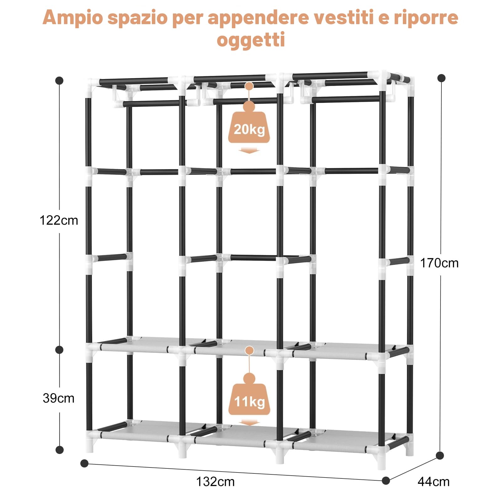 Vicye Armadio in Tessuto, Wardrobe Armadio Grande 19mm tubo metallico con 3 Barre Appendiabiti e 6 Tasche Laterali, Armadio da Campeggio Pieghevole per Camera da Letto e Spogliatoio Grigio