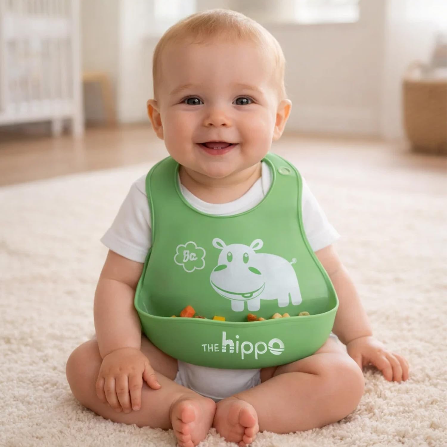 BabyGo Silicone Baby Bib for Feeding & Weaning Infants & Toddlers |Waterproof, Washable & Reusable | Adjustable Neckline, Lightweight & Foldable Bib with Deep Food Catcher Pocket |Green (Pack of 1)