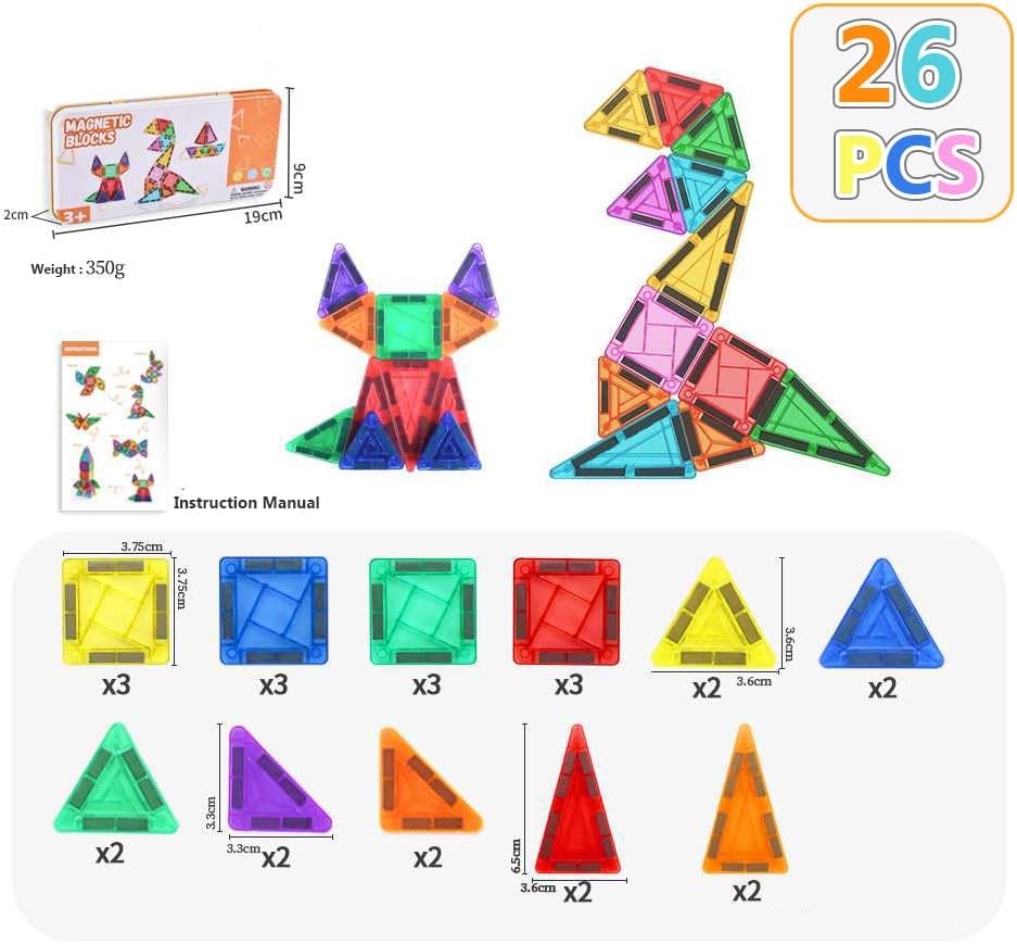 Mini Magnetic Tiles Travel Magnetic Tiles, 26 PCS Magnetic Building Blocks Set with Strongest Magnets, Travel Toys Christmas Toy Gift Ages 3-5 5-7 4-8 Boys and Girls