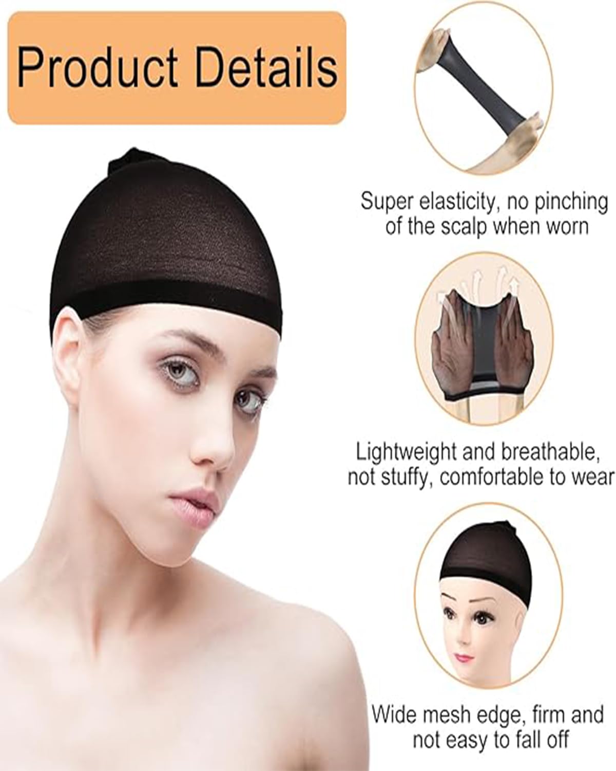MittiJoy 8PCS Bald Cap, Lace Wig Cap Set (4 Black + 4 Nude), Stretchy Hair Net for Wig Application, Stocking Wig Caps Stretchy Nylon Caps for Women, Suitable for Halloween, Costume Parties, Weddings - Image 3 thumbnail