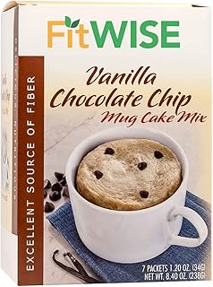 FITWISE - High Protein Mug Cake Mix, 15g Protein, Low Calorie, Low Net Carbs, Low Fat, High Fiber, Gluten Free, Ideal Protein Compatible, 7 Servings Per Box (Vanilla Chocolate Chip)