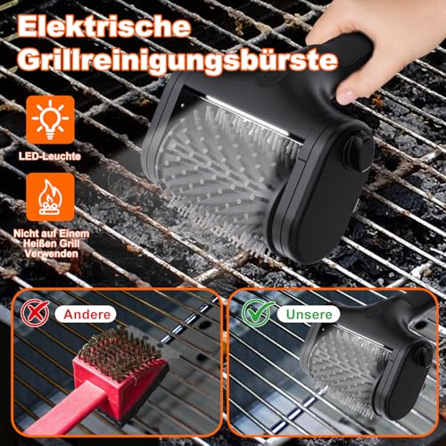 Elektrische Grillbürste,2 Stufen Reinigung 590U/min,1000U/min& LED-Licht Elektrische Reinigungsbürste,Zwei Bürstenköpfe Wasserdicht Wiederaufladbare Reinigungsbürste Elektrisch für Grillroste Schwarz