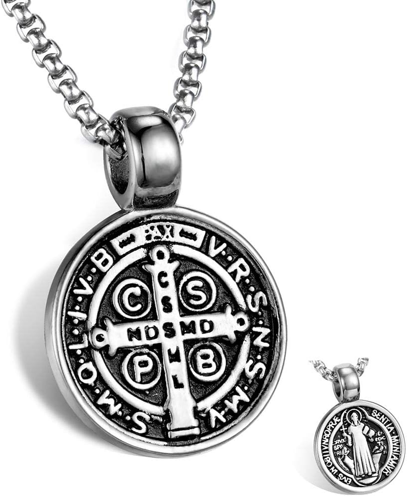 St Benedict Exorcism Medal Pendant Necklace Men's Stainless Steel Catholic Roman Cross Demon Protection Ghost Hunter Religion Jewelry