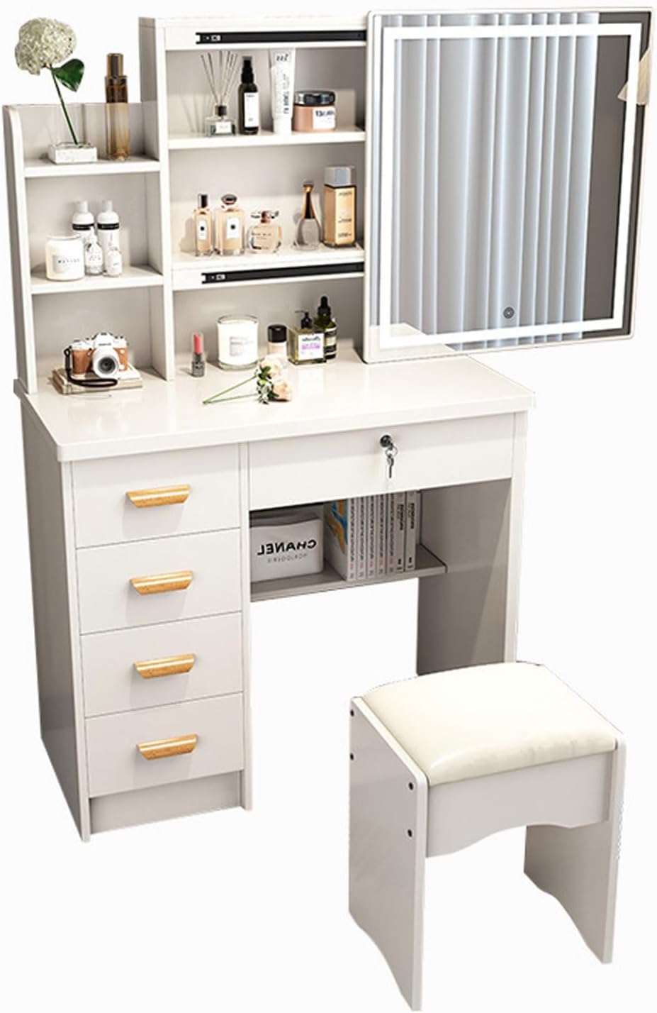 Traditional Vanity Table with Sliding Lighted Mirror, 5 Drawers & Hidden Shelves, Cushioned Stool, Engineered Wood Material
