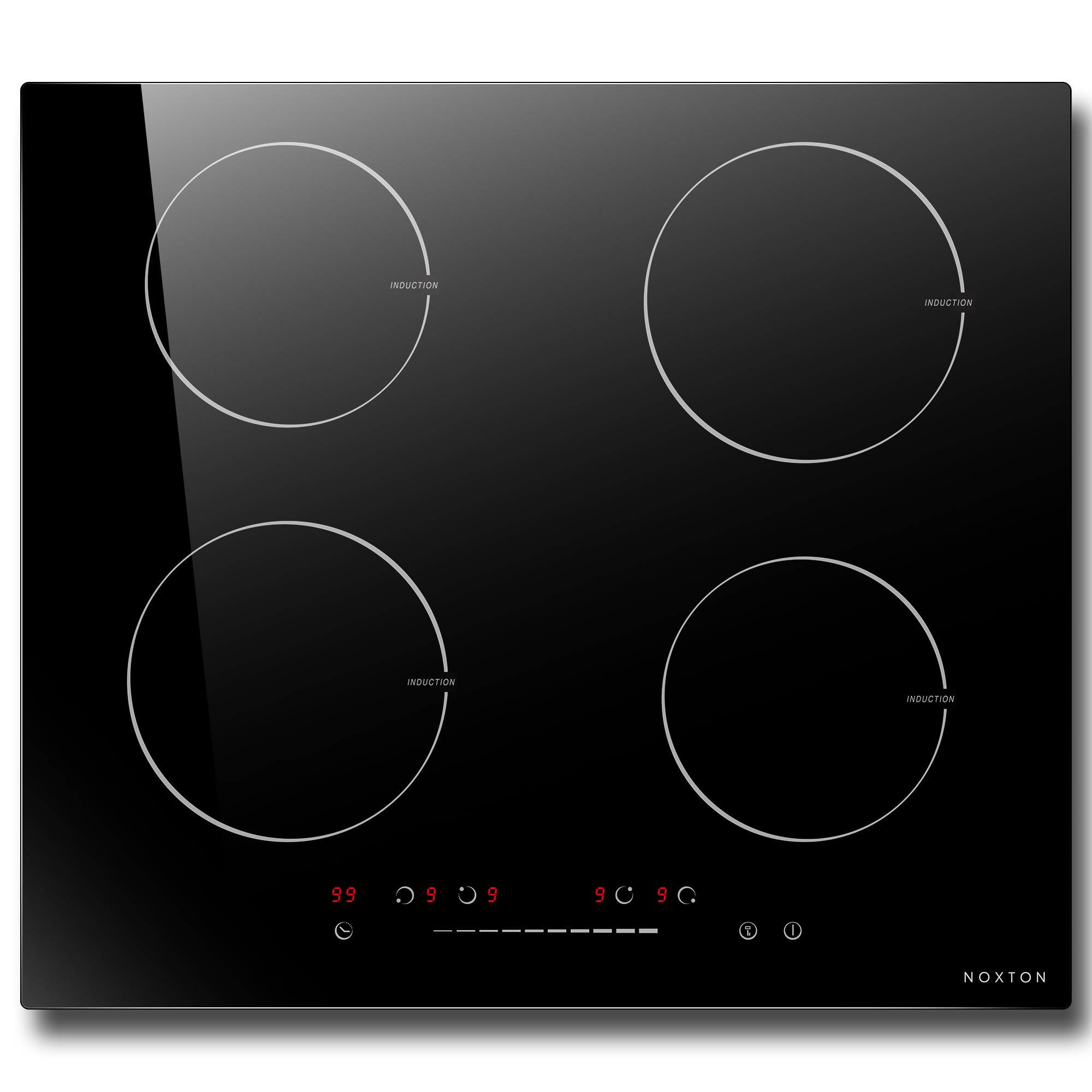 NOXTON Placa de inducción 4 fuegos, empotrable, 60 cm, 7400 W, función boost, autosuficiente, con control táctil, 9 niveles de calor, temporizador, protección infantil, apagado automático