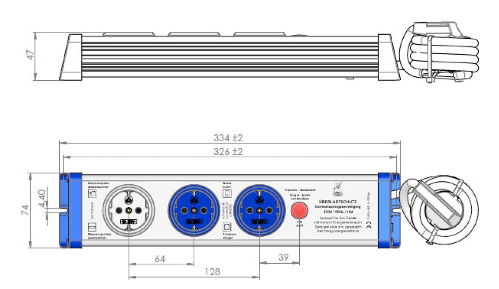 BACHMANN - 3-Fach Steckdosenleiste mit Überlastungsschutz. 1x Steckdose CEE7/3 Dauerstrom | 2xSteckdose CEE7/3 in Abhängigkeit des Stromverbrauchs. 250 V~ | 50 Hz / 16 A