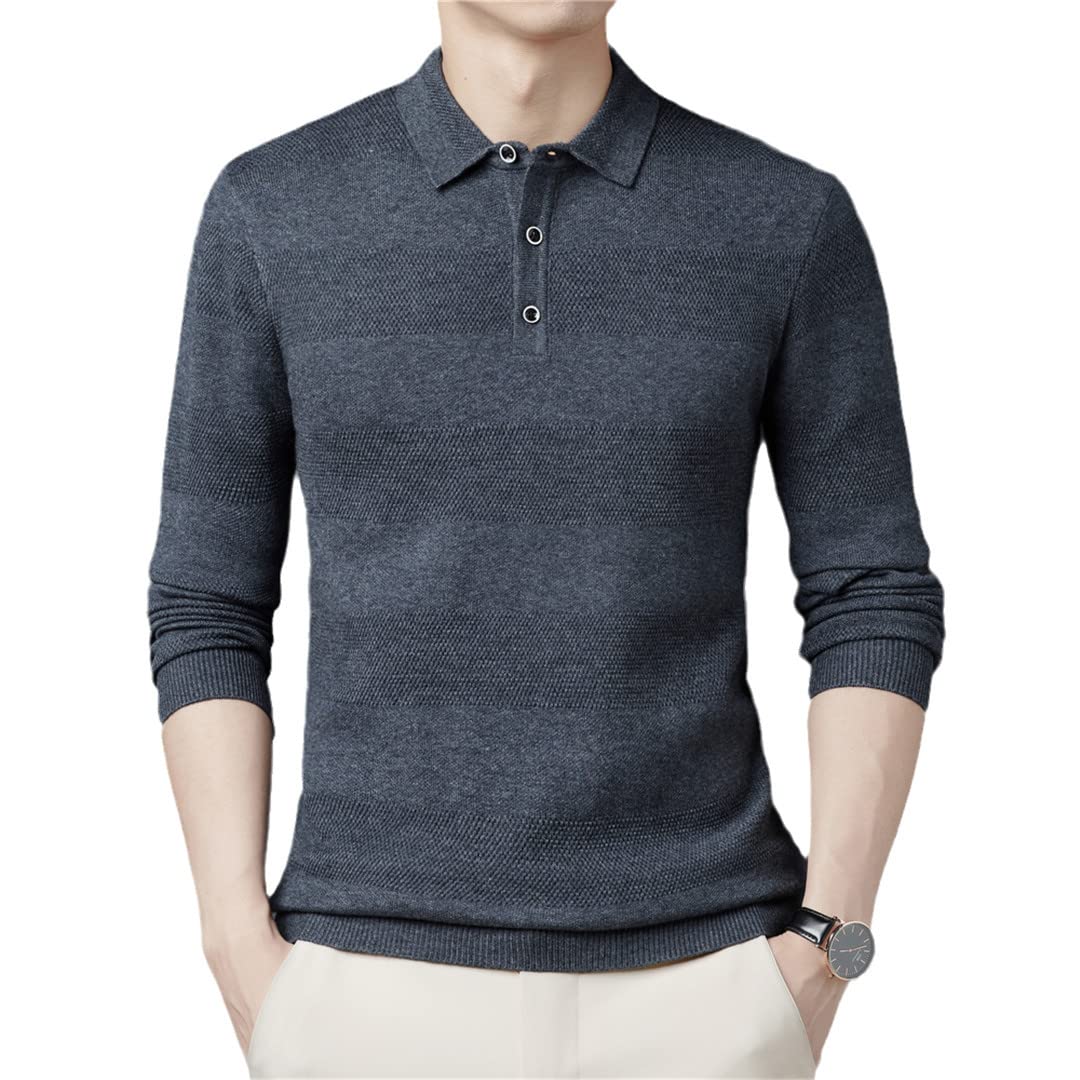Turn-Down Collar Suéter de punto de los hombres Ropa Otoño Invierno Rayas Casual Pullover, gris, XXXL