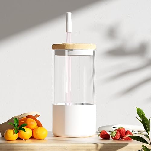 Miniatura 6 de Kovkveo Vaso para beber de vidrio con tapa de bambú y pajita, vaso de café helado, taza de vidrio de cerveza, botella de agua con popote funda