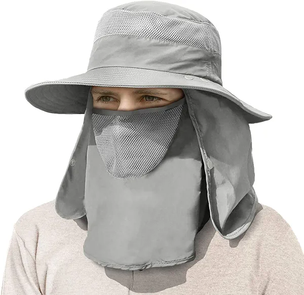 IYEBRAO Mens Outdoor Sun Hat with Face Neck Flap UV Protection Wide Brim Fishing Hat for Hiking Safari Gardening UPF 50+