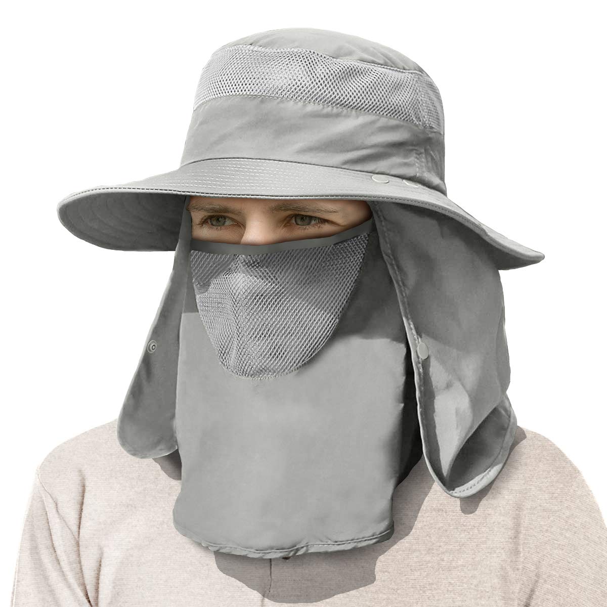 IYEBRAO Mens Outdoor Sun Hat with Face Neck Flap UV Protection Wide Brim Fishing Hat for Hiking Safari Gardening UPF 50+