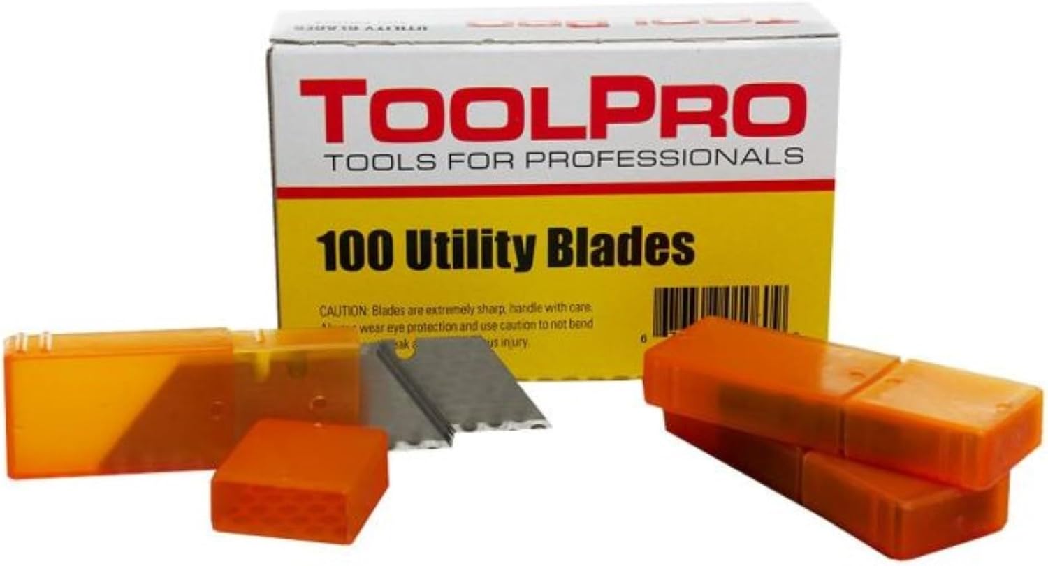 ToolPro Premium Utility Knife Blades 100 Pack - High Carbon Steel, 0.025" Thick, Double-Notch for Drywall, Heavy-Duty Projects