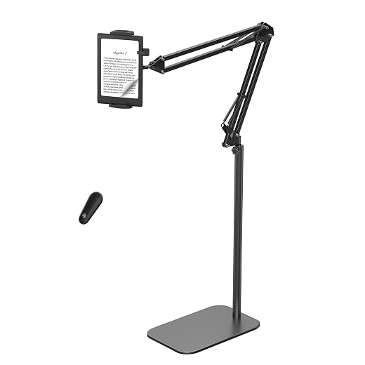 VOLTIFYMAX Floor Stand Holder with Remote Page Turner for Kindle, Stand for Reading in Bed, Tablet Mount with Clicker, Reading Accessories Compatible with Kindle, Tablets & Phones 4.7-12.9 inch(Black)