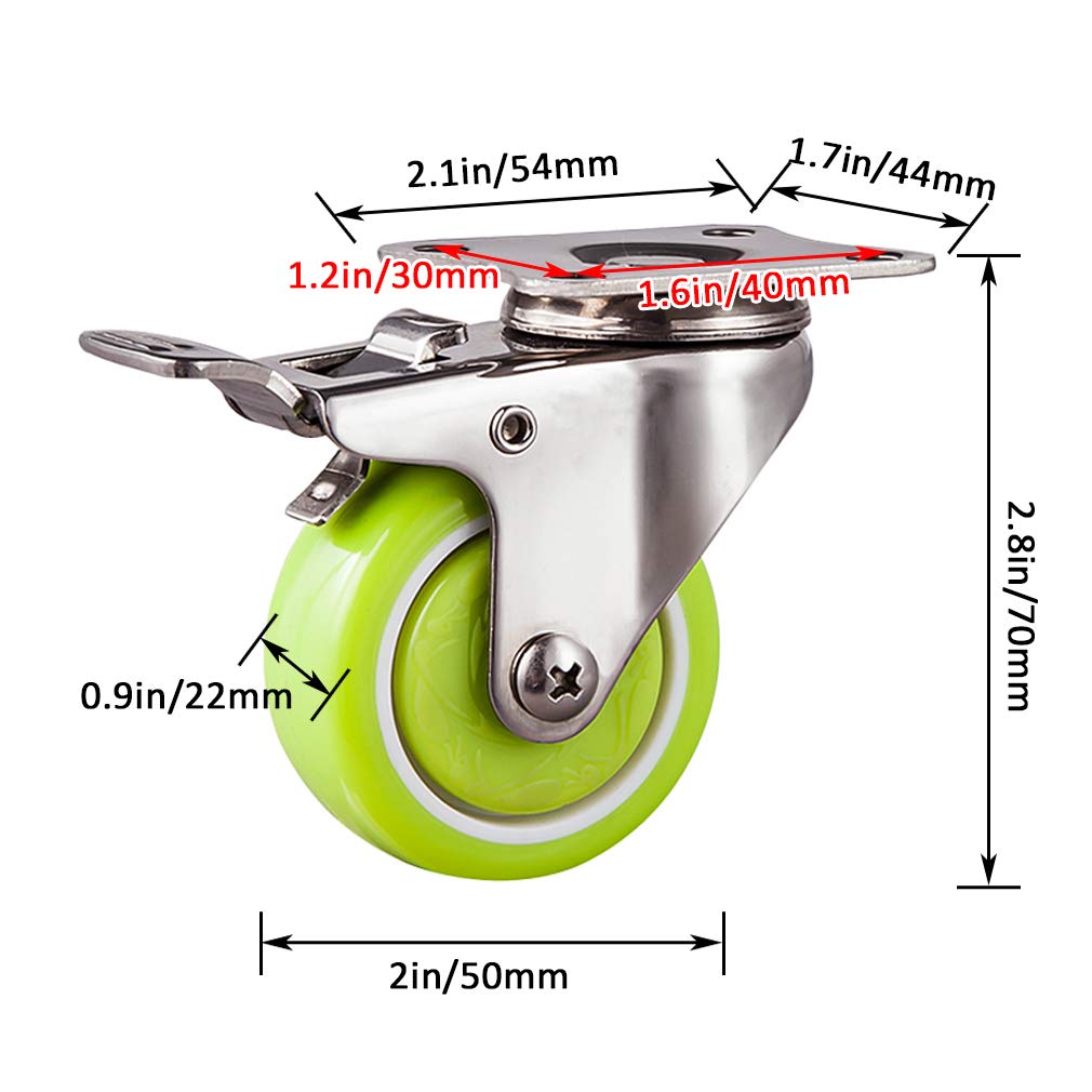 Rotelle con Piastra Girevole da 4 Pezzi, rotelle in PU per carichi Pesanti, rotelle in Metallo per mobili Verdi, Staffa in Acciaio Inossidabile 304, con Piastra Superiore a 360°, capacità di