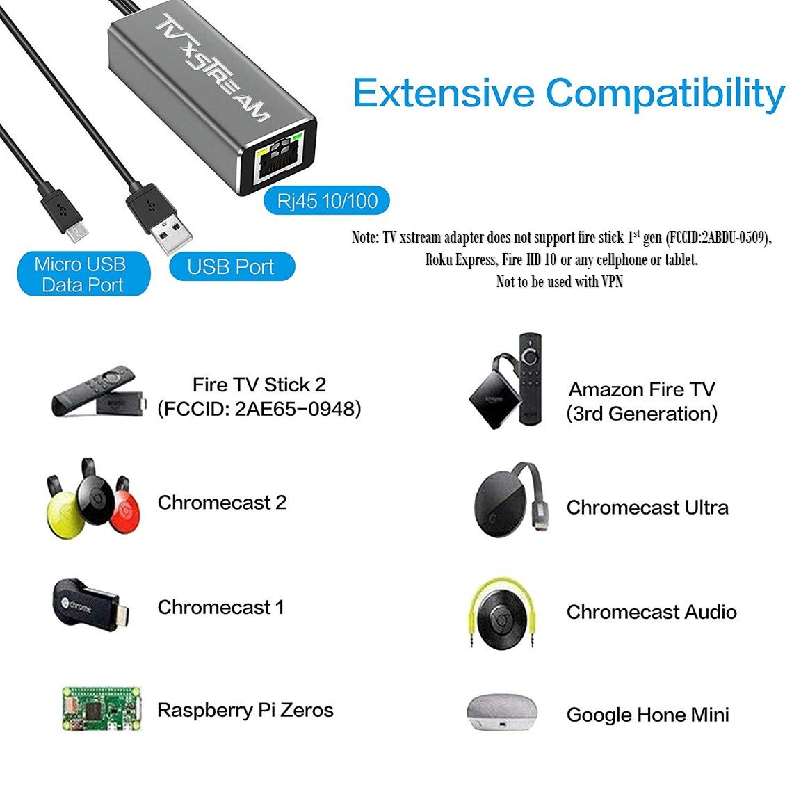 Adaptador USB Ethernet (plateado) para Fire TV Stick Lite/4K/4k Max Firestick o Chromecast con conexión Micro no tipo C, USB a RJ45 Ethernet, cable de alimentación USB de 1 m, velocidades de hasta 100