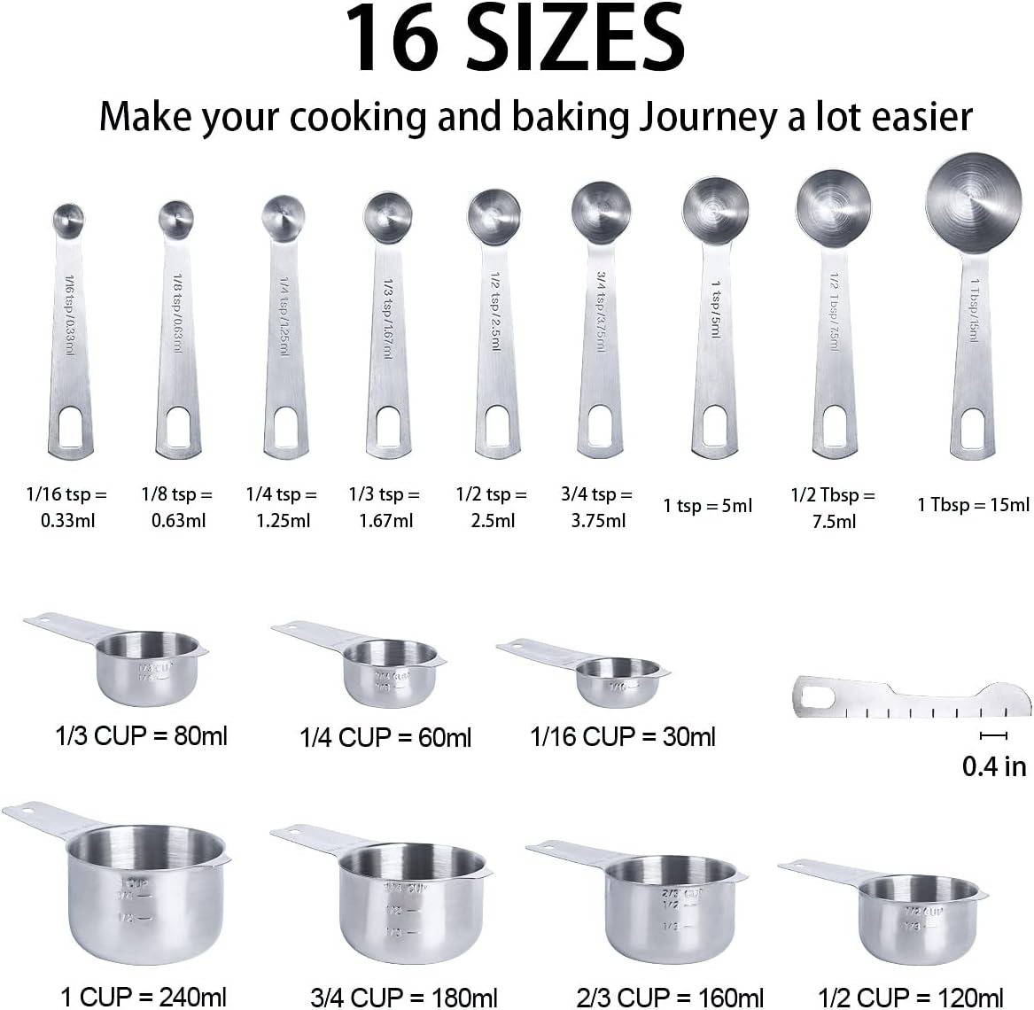 20PCS Measuring Cups and Measuring Spoons Set, Food-Grade Stainless Steel Measure Cup Set for Cooking Baking Measurement, Including 7 Cups, 9 Spoons, Level, Magnetic Chart, Stackable Measuring Set