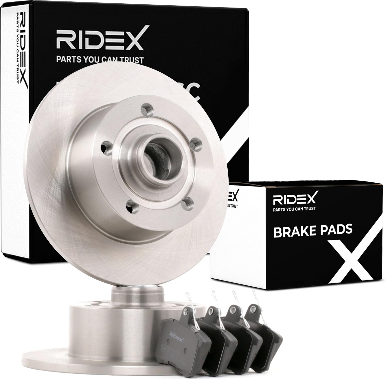 RIDEX 3405B0074 Kit Kit de discos de freno y pastillas Trasero con muelle con buje de rueda Compatible con AUDI A4 B5 Sedán 8D2