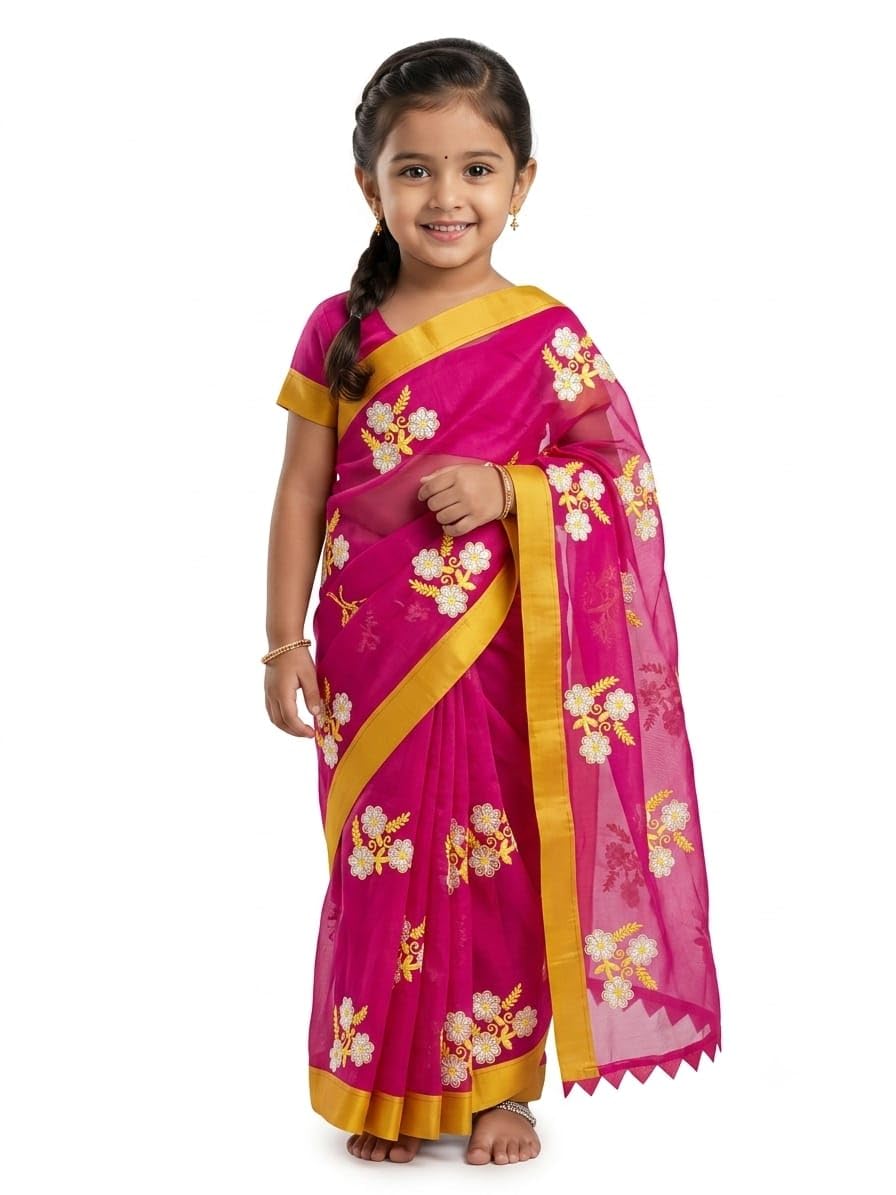Baby Girl Saree Pink Floral Embroidered, Ages 1-5 Years-picture-29