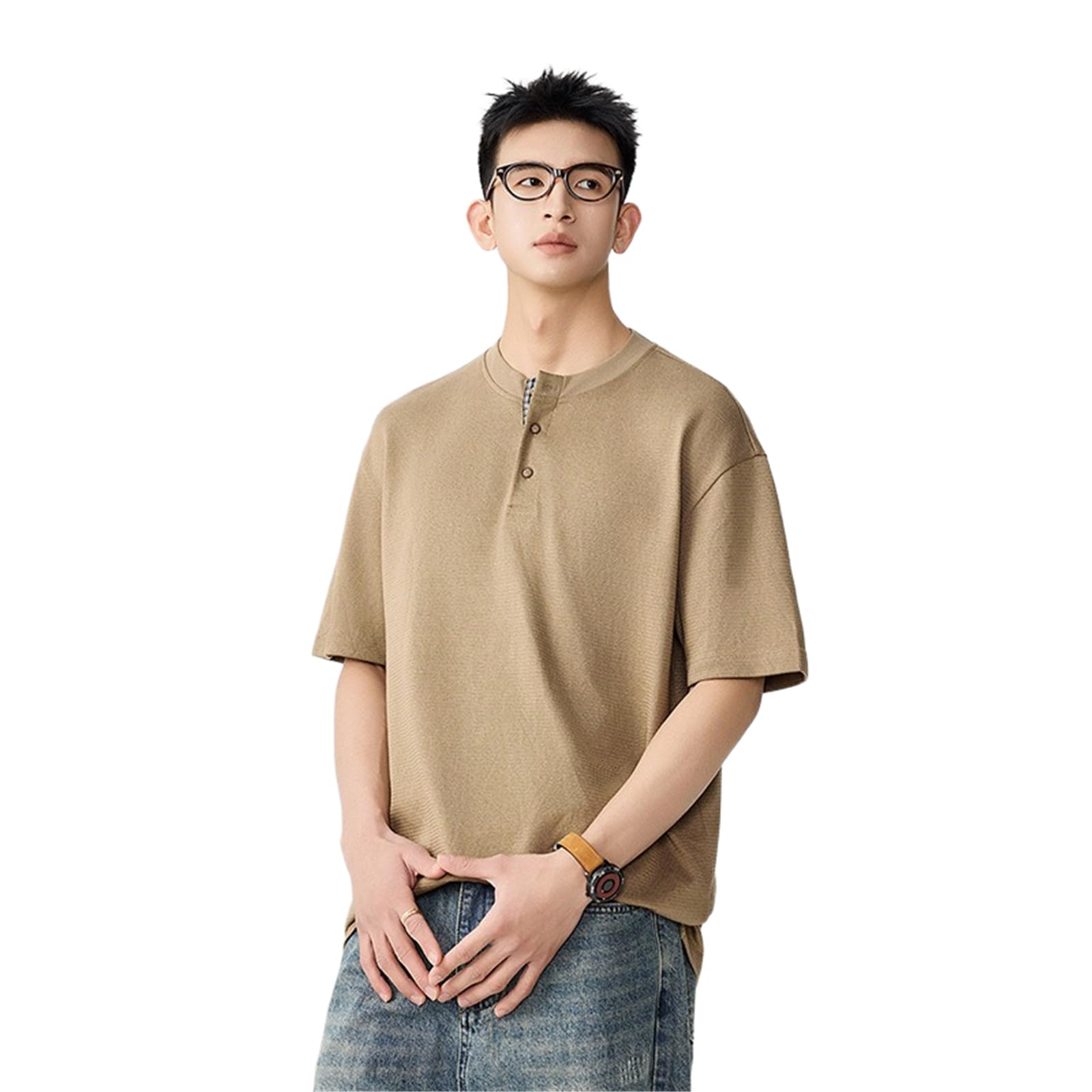 Męska letnia koszulka Henley w stylu vintage na co dzień luźny krótki rękaw