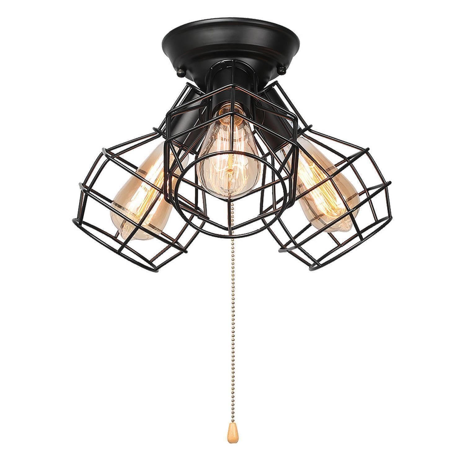 LALUZ Farmhouse Semi Flush Mount Ceiling Light Fixture, 3-Light Oil Black Pull String Industrial Cage Ceiling Light Fixture for Bedroom, Hallway, Kitchen, Dining & Living Room, Foyer and Bathroom