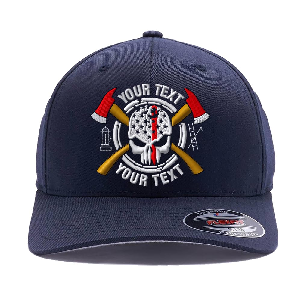 Custom Embroidered Thin Red Line Firefighter Logo American Skull Crossed Axes with Custom Text. 6277 Flex Fitted Baseball Hat