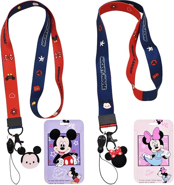 2 Set Mickey Minnie with Lanyard Card Holder - Cartoon Neck Strap Lanyard with Hard Card Case Waterproof Transparent Printing Badge Holder for ID Card Keys Tickets Credit Card Office School Supplies