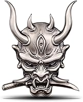 Vista 2 de Adhesivo de metal para coche Samurai, diseño de máscara Hannya japonesa, emblema de guerrero con colmillos de fantasma, pegatina de calavera