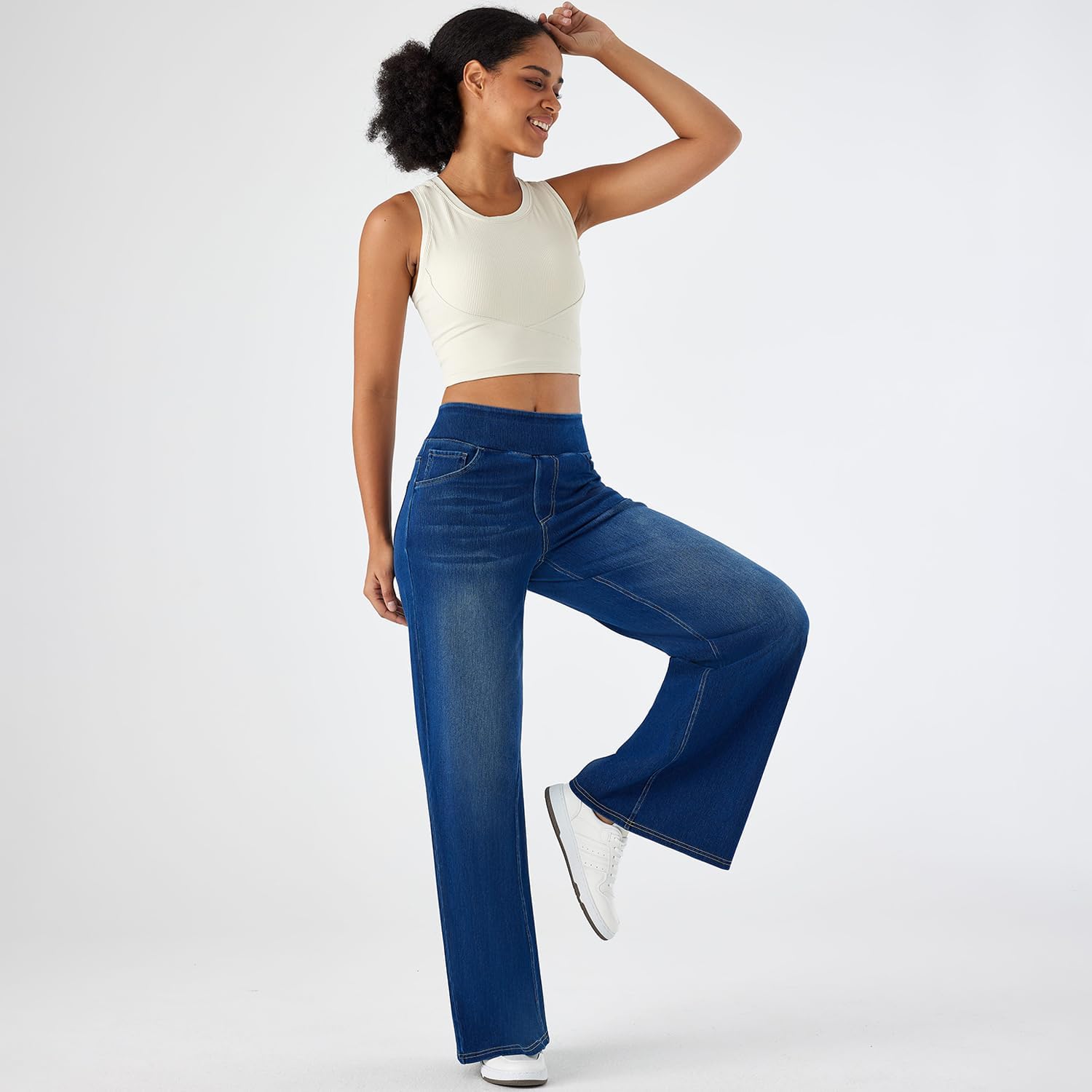 Women's High Rise Wide Leg Jeggings - Stretch Pull On Jeans-Style Pants, Soft Denim with Pockets - Image 5